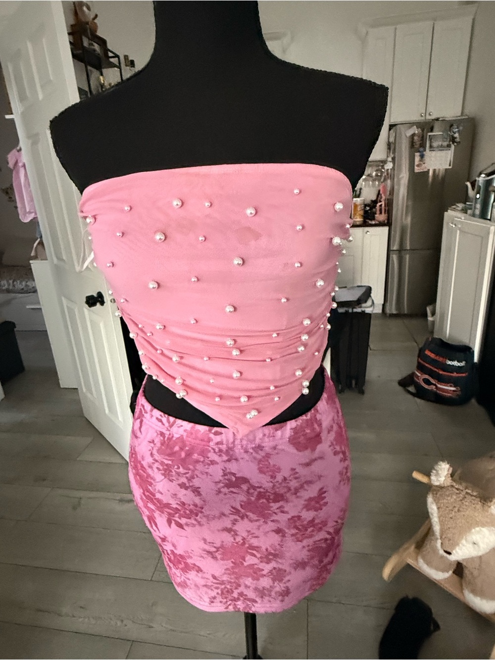 Pink Pearl-Embellished Strapless Top